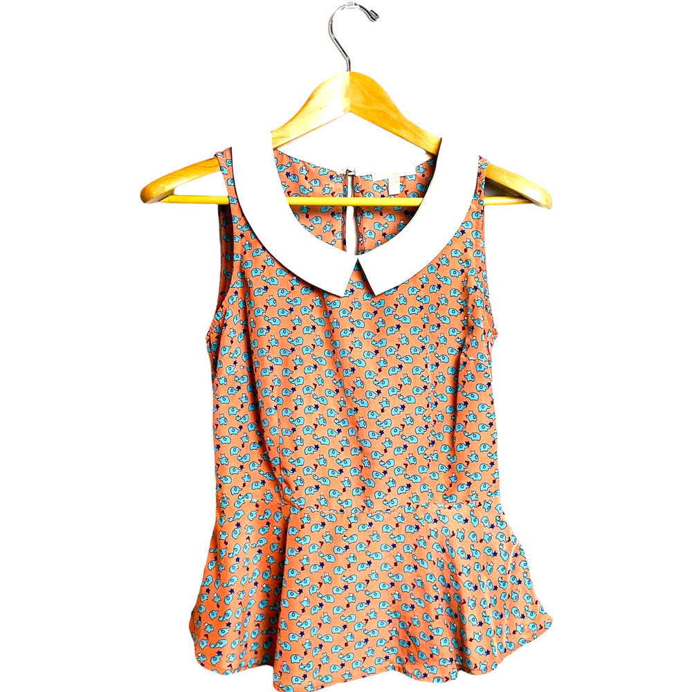 🍀Monteau Coral Sleeveless Blouse with Blue Elephant Print Size Medium
